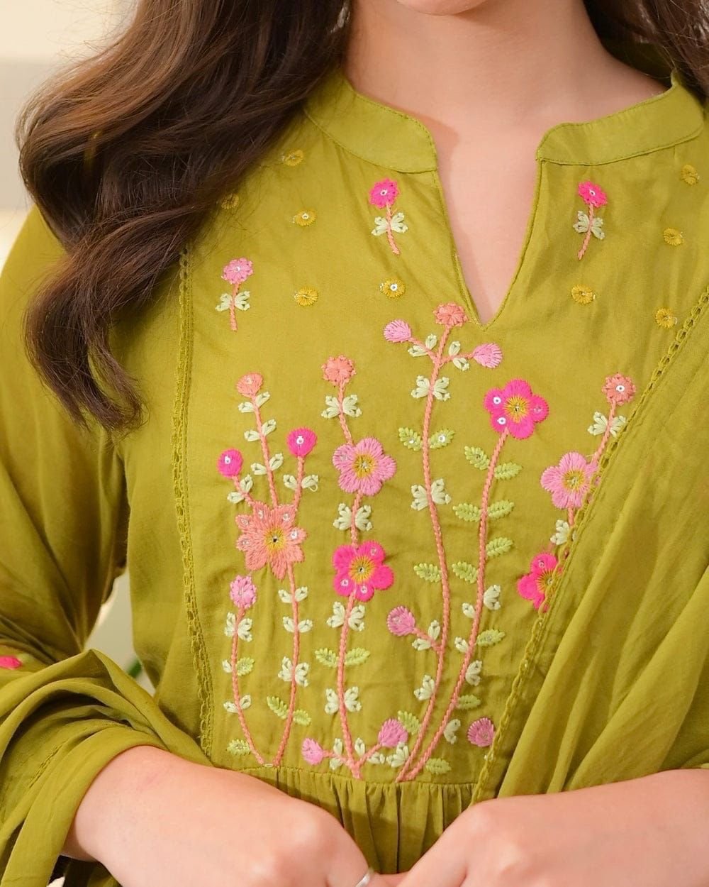 Green Cotton Embroidered Kurti Set with Pant & Dupatta